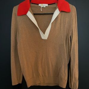 Boden Tan V-Neck Sweater with Red Collar